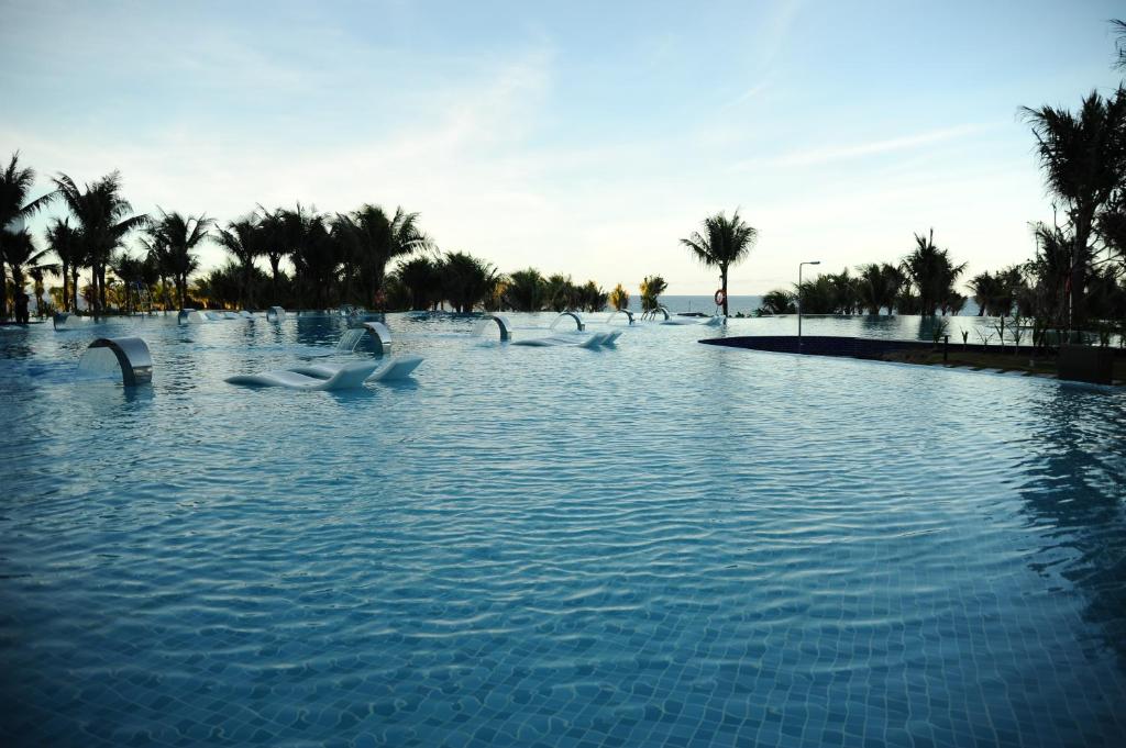 um grupo de aves a nadar numa piscina de água em ARTRA resort- near Cam Ranh Airport em Cam Ranh