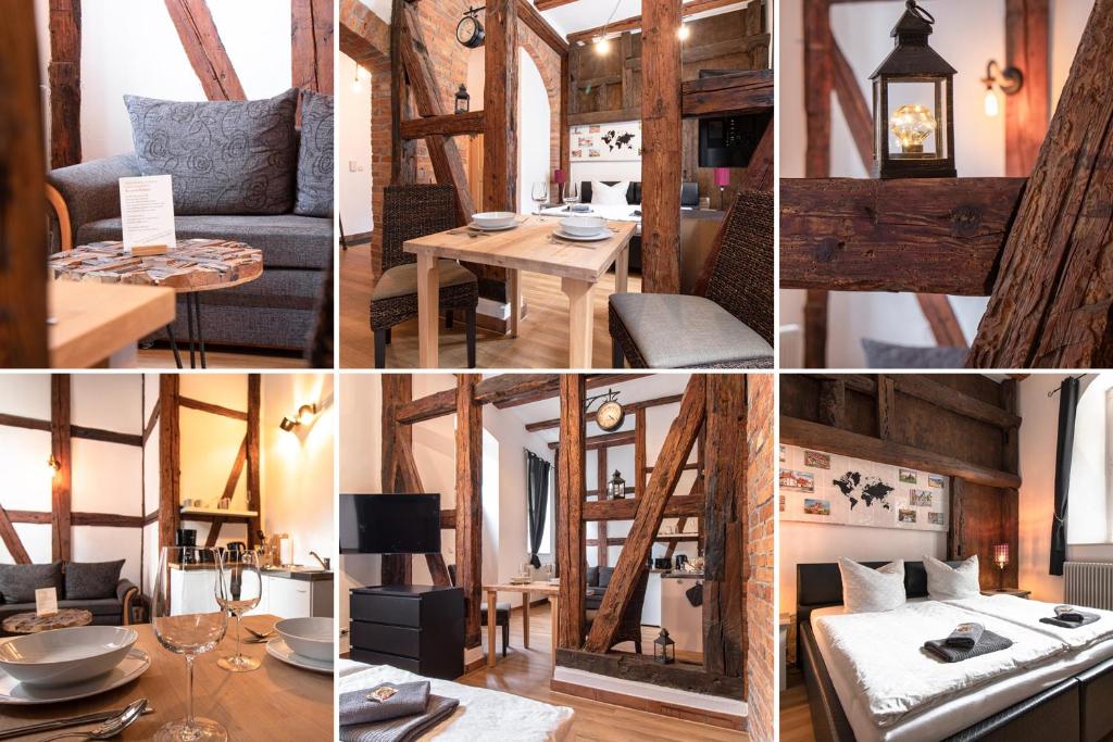 een collage van foto's van een kamer met tafels en stoelen bij Ferienwohnung Venus in Quedlinburg