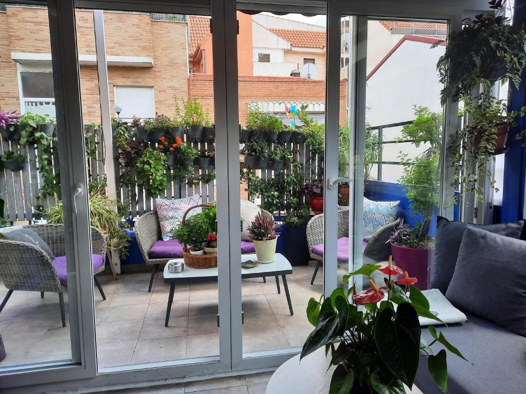 een patio met een bos potplanten bij Loft con jardin in Madrid