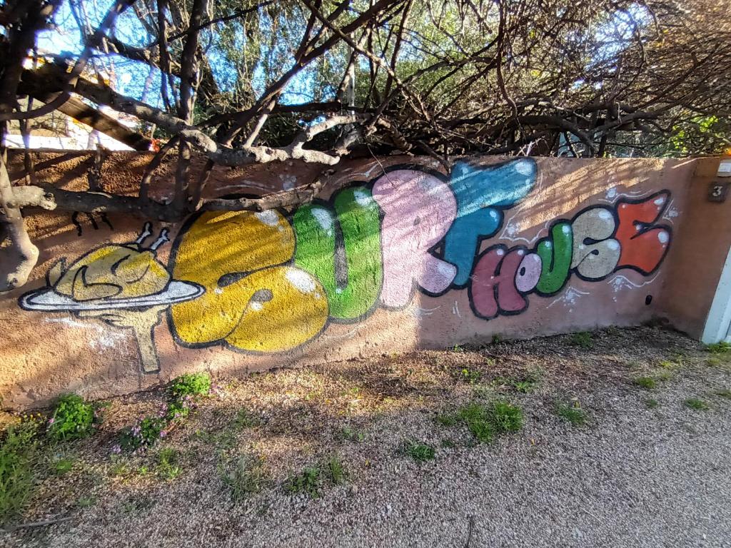 a wall with graffiti on the side of it at PortoPollo SurfHouse in Barrabisa