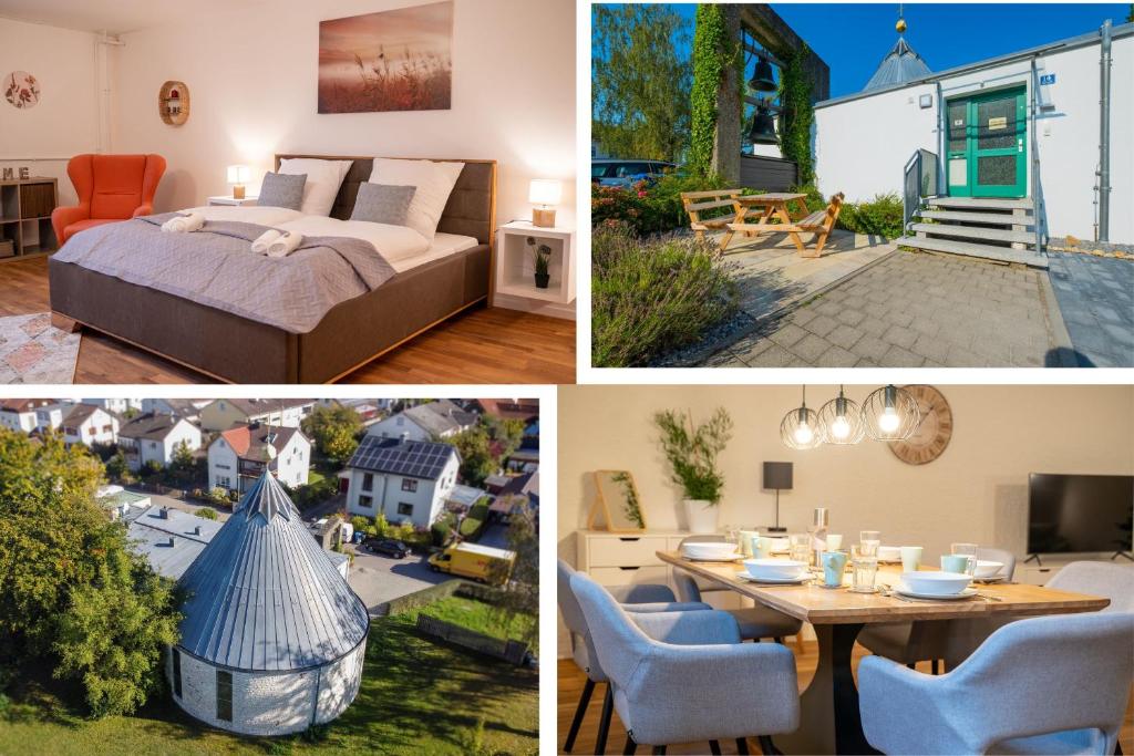 dreamcation - Ehemaliges Pfarrhaus, 3D-Tour, NETFLIX, Terrasse, BBQ, Küche, 130qm في كيلهايم: ملصق بصور غرفة نوم و منزل