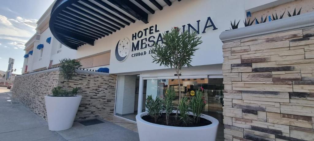 een gebouw met twee potplanten ervoor bij Hotel Mesaluna Short & Long Stay in Ciudad Juárez