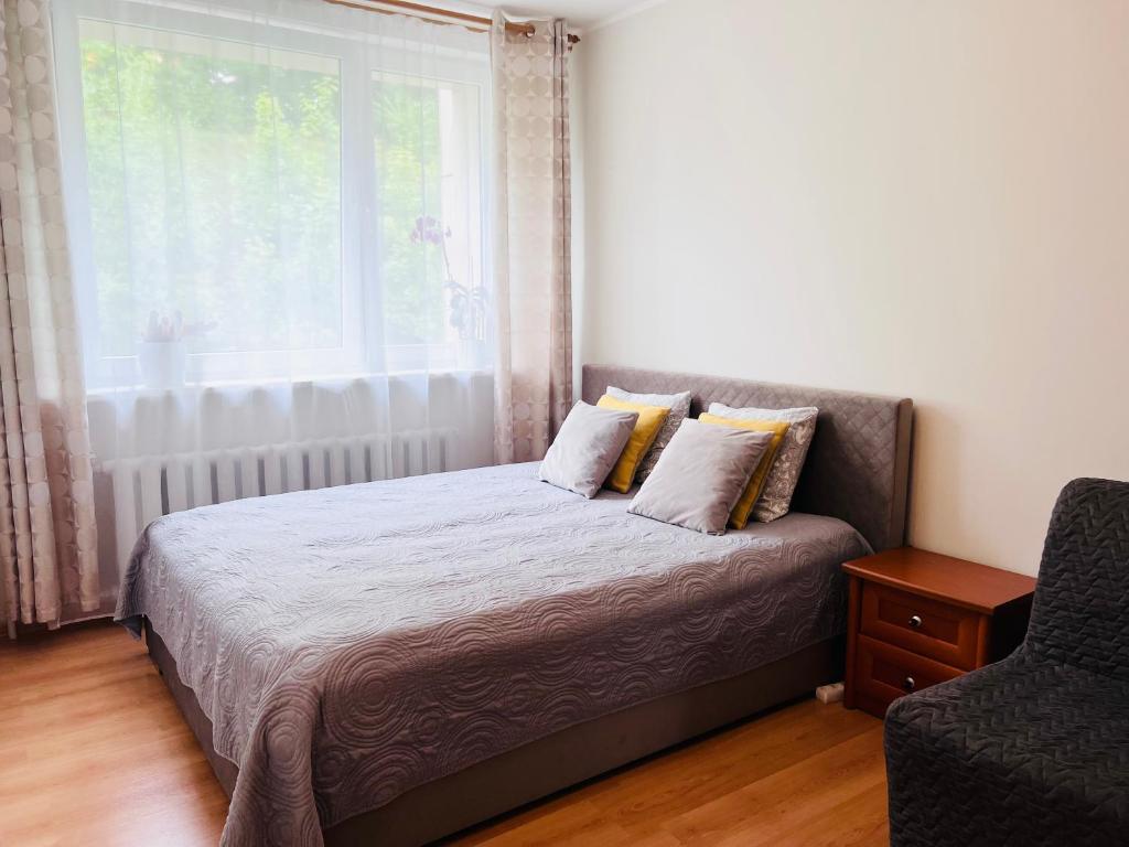 sypialnia z łóżkiem z oknem i krzesłem w obiekcie Comfy classic apartment in Trakai w mieście Troki