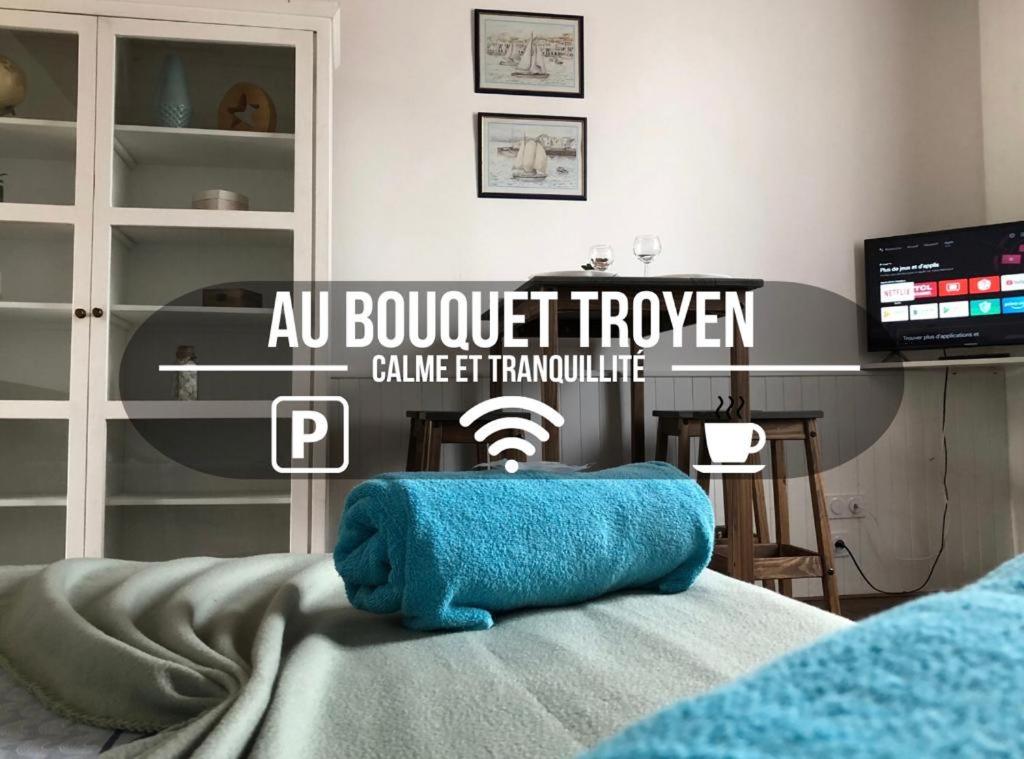 niebieska poduszka siedząca na łóżku w obiekcie Au Bouquet Troyen - Wifi - Calme et tranquillité w Troyes