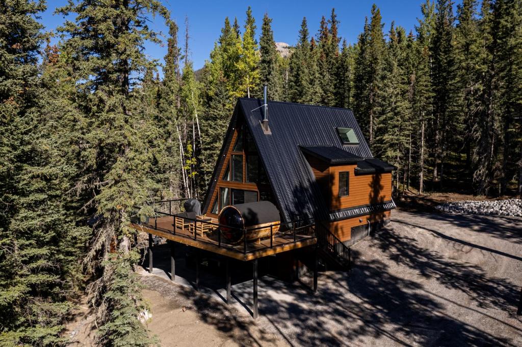 einen Blick über eine Hütte im Wald in der Unterkunft New Modern Rustic A-Frame Cabin with Barrel Sauna in Nordegg