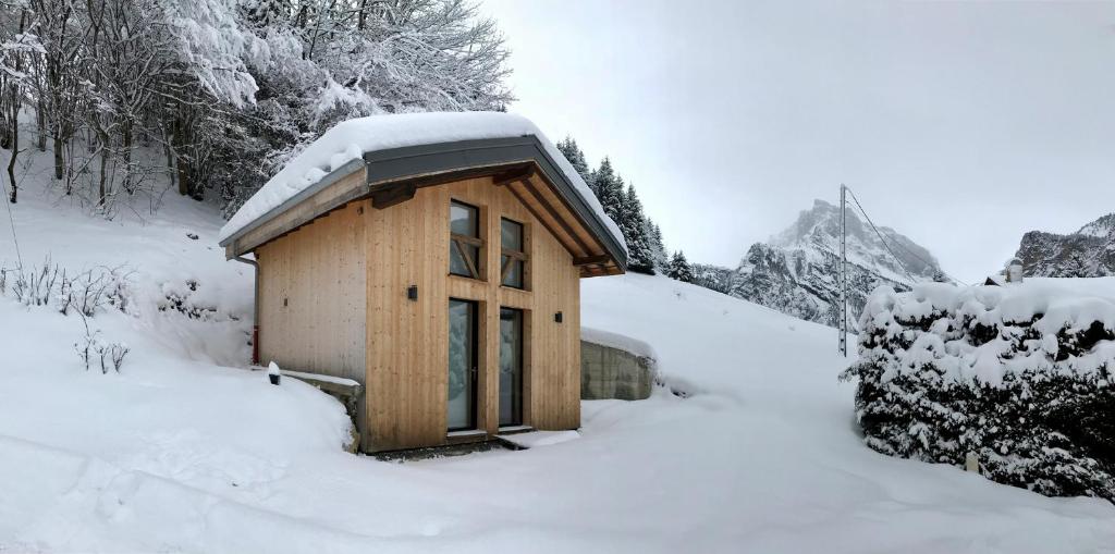 Chalet*** au pied d'une prairie face à la montagne durante o inverno