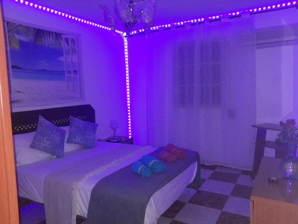 um quarto roxo com 2 camas e uma janela com luzes em Disfruta de un barrio tranquilo em Alcalá de Guadaira