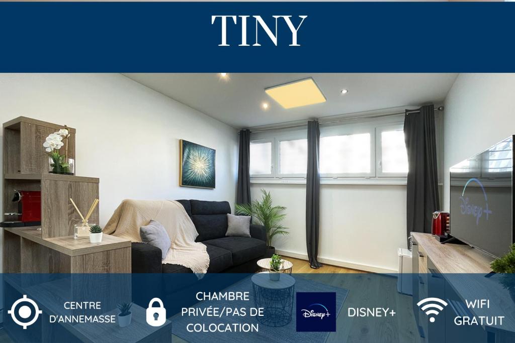 En TV eller et underholdningssystem på HOMEY TINY - Chambre privée - Située en Hyper-centre - Disney Plus et Wifi inclus - Sans SDB - Proche de Genève et des transports en commun