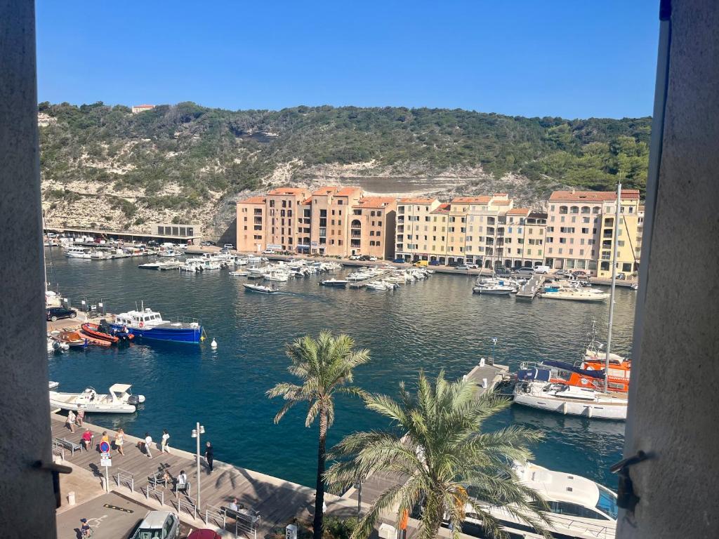 vistas a un puerto con barcos y edificios en Appartement vue sur le port - Chez Carlu, en Bonifacio