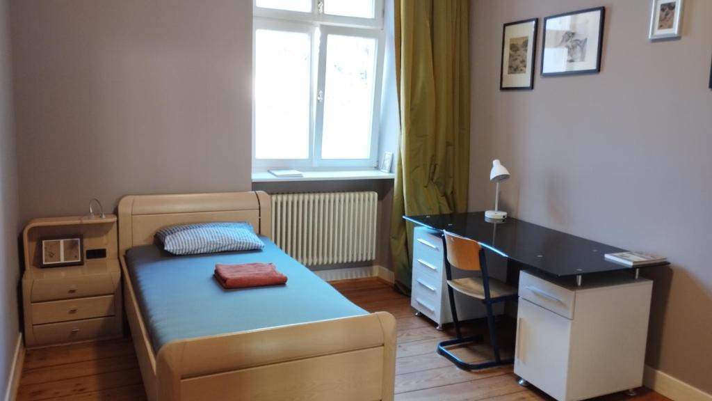 曼海姆Mannheim Innenstadt Hostel Zimmer 2 - Hostel Liudao的一间小卧室,配有一张床和一张书桌