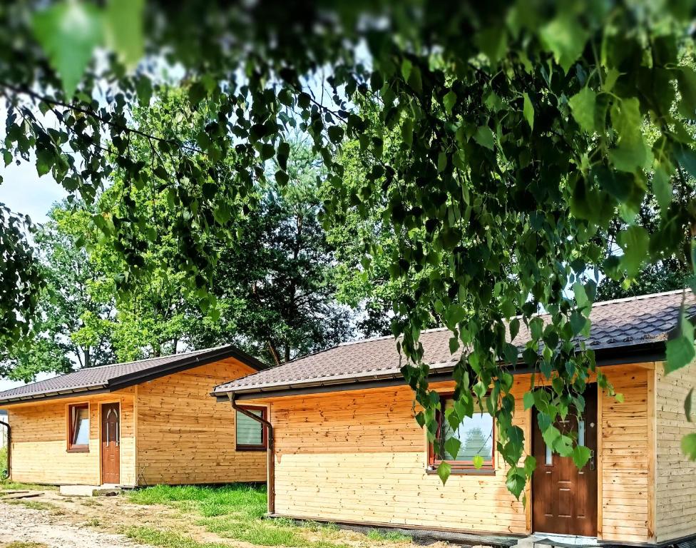 una casa de madera con un árbol en Domki Letniskowe oraz Chata Grillowa " Nad Zalewem "Bliżyn, en Bliżyn