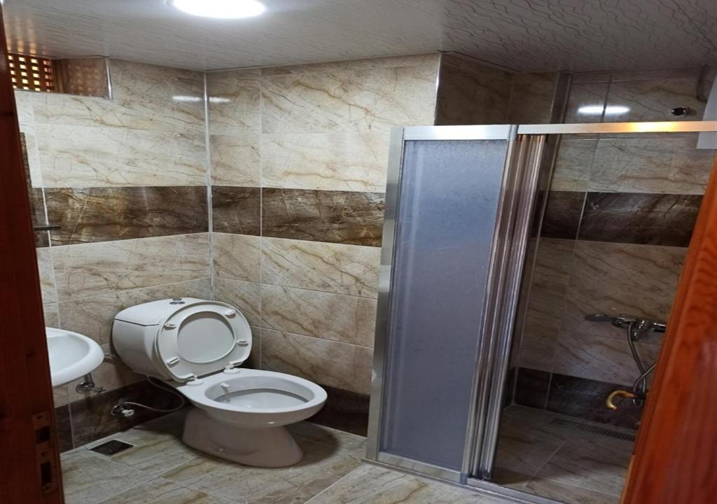 La salle de bains est pourvue de toilettes et d'une cabine de douche. dans l'établissement Agon Boutique Hotel, à Kemer