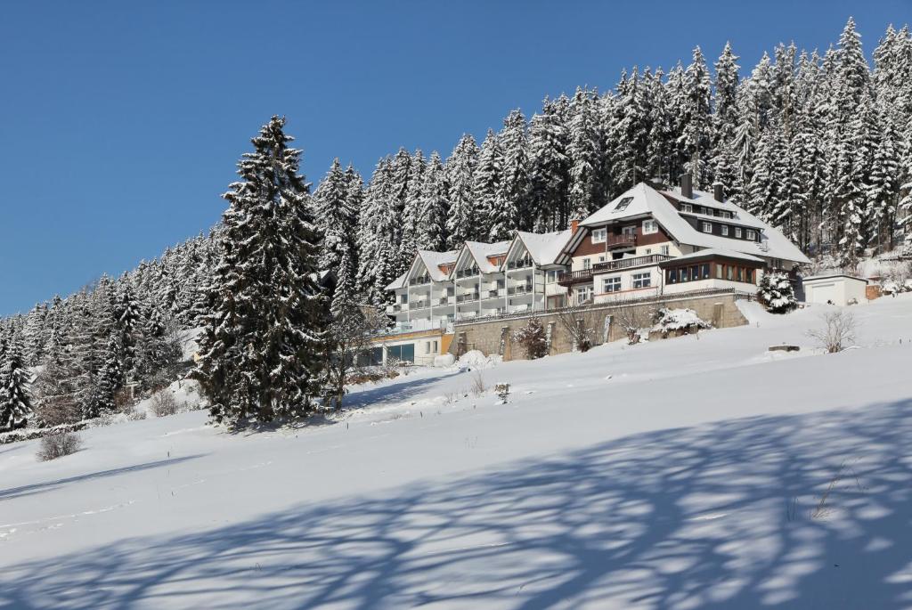 ein großes Gebäude im Schnee mit Bäumen in der Unterkunft JUFA Hotel Schwarzwald in Lenzkirch