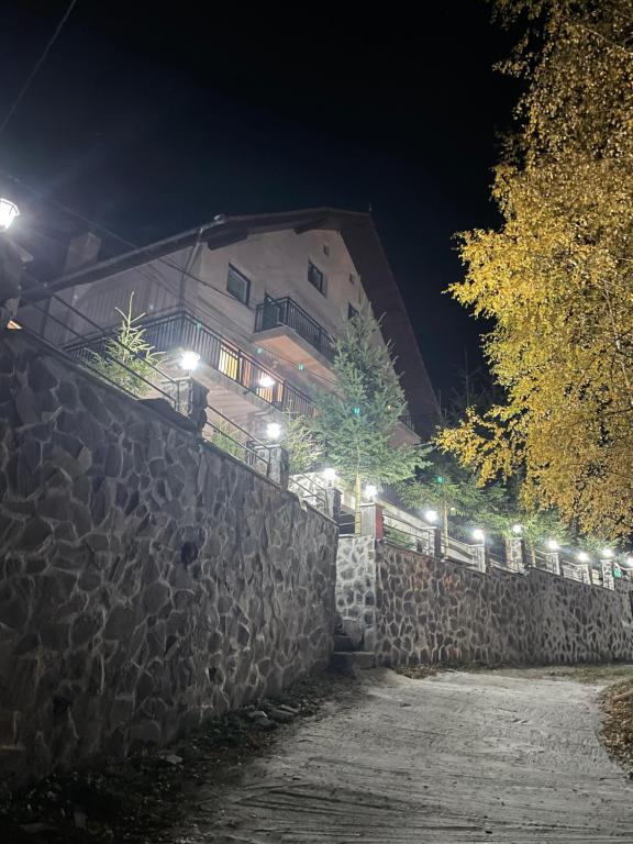 eine Steinmauer vor einem Gebäude in der Nacht in der Unterkunft Pensiunea Joe Paltinis in Păltiniş