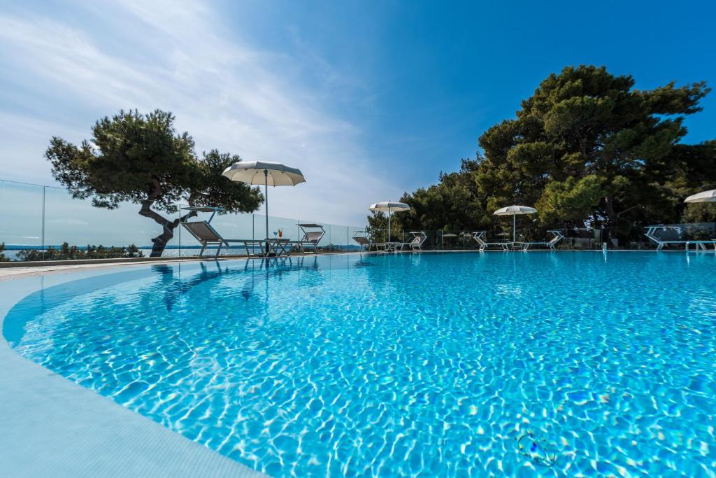 a large blue swimming pool with chairs and umbrellas at Hotel Pinija in Petrcane