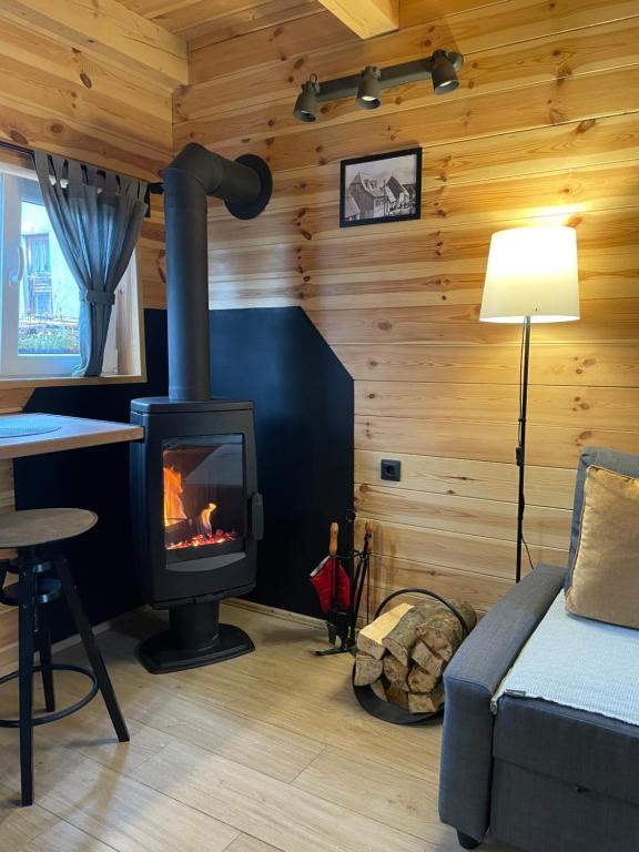 Cabaña de madera con sala de estar con chimenea en Guest House Durmitor Paradise, en Žabljak