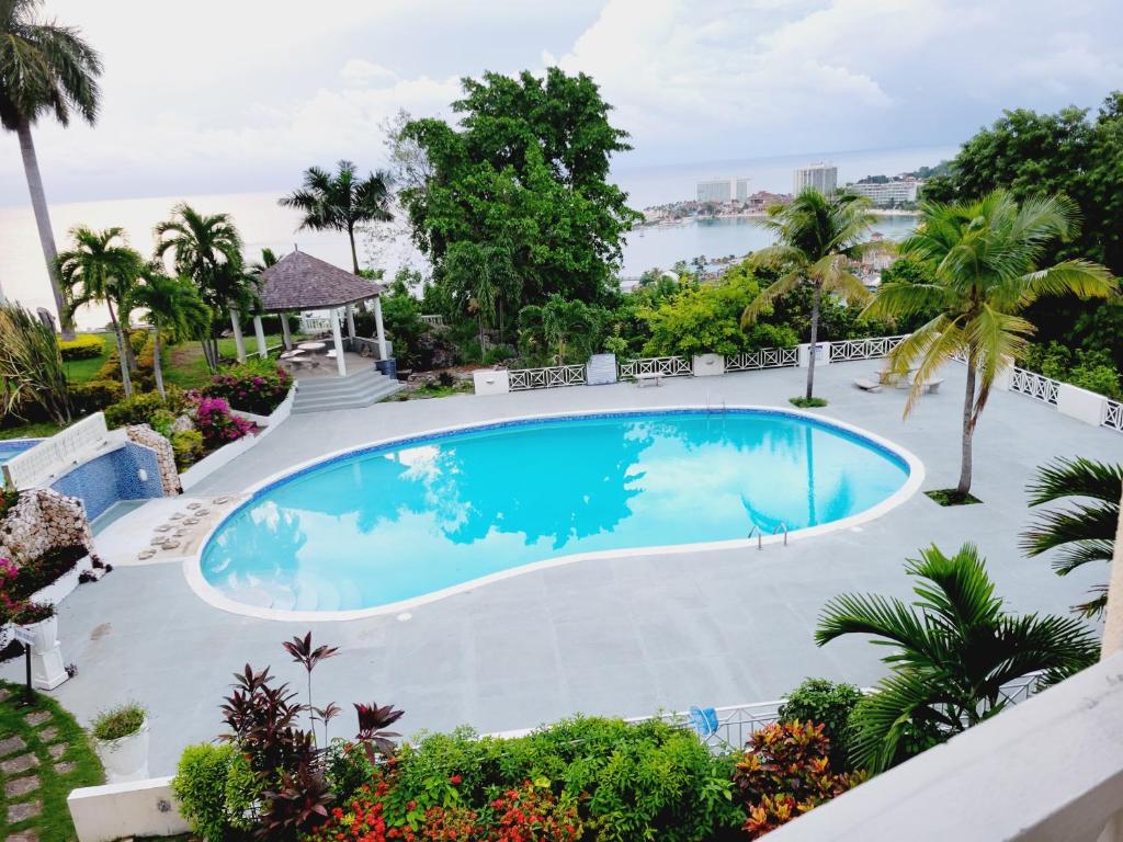 uma vista superior de uma piscina com o oceano ao fundo em Blue Topaz em Ocho Rios