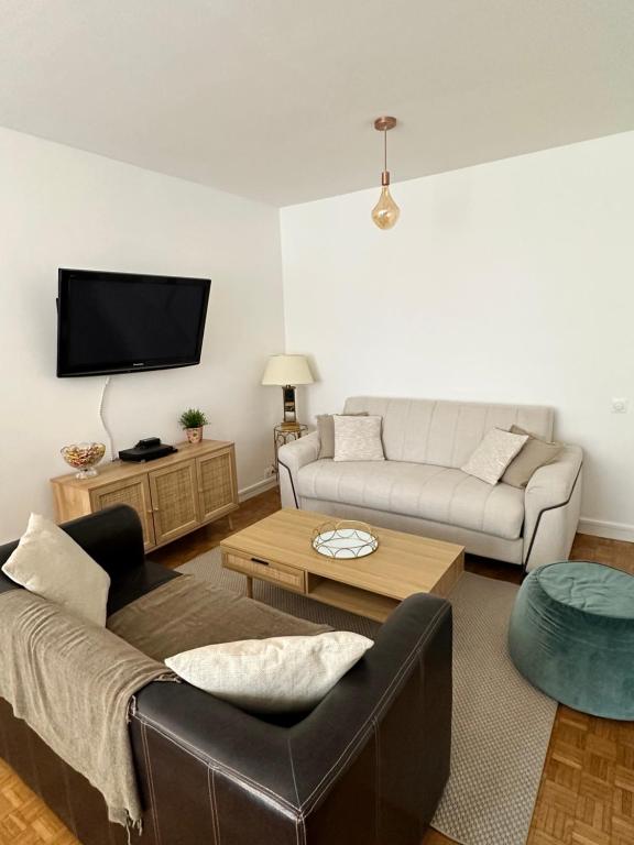 ein Wohnzimmer mit einem Sofa und einem TV in der Unterkunft Appartement neuf à boulogne à 3 mins à pieds du métro in Boulogne-Billancourt