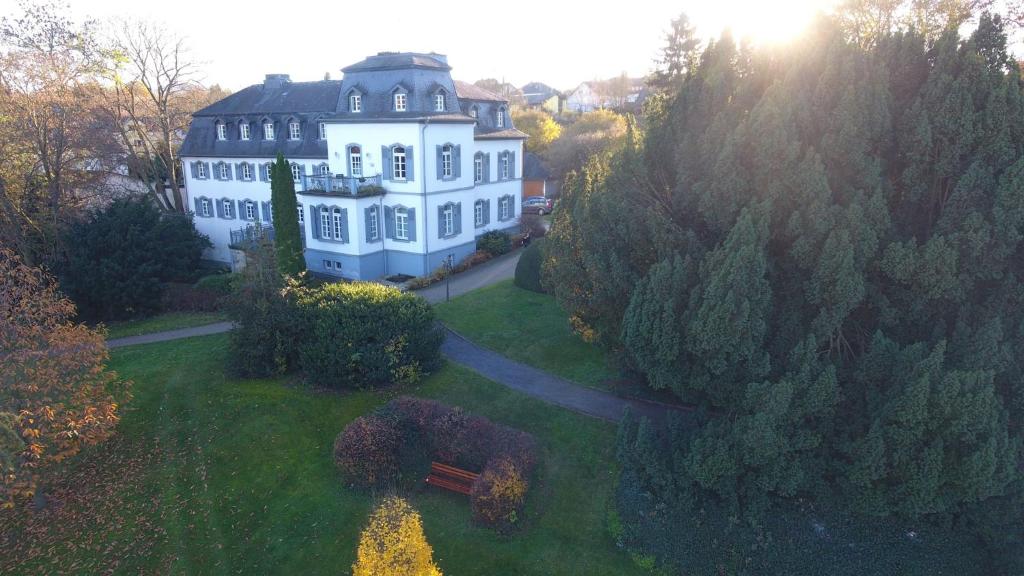 een luchtzicht op een groot wit huis op een gazon bij Gästehaus im Schlosspark 