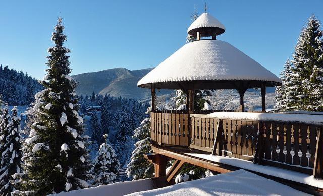 een prieel met een met sneeuw bedekt dak op de top van een met sneeuw bedekte sneeuw bij Hotel Sepetná - Silvestr s polopenzí, animačním programem a silvestrovskou párty! in Ostravice