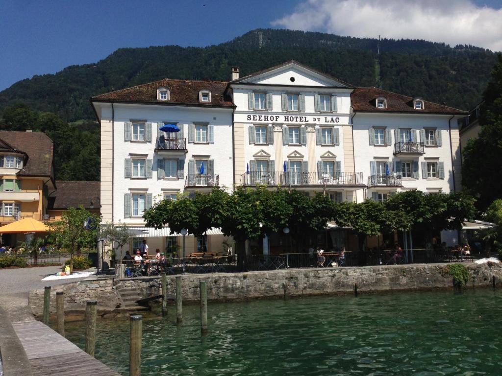 un grand bâtiment blanc à côté d'une étendue d'eau dans l'établissement Seehof Hotel Du Lac, à Weggis