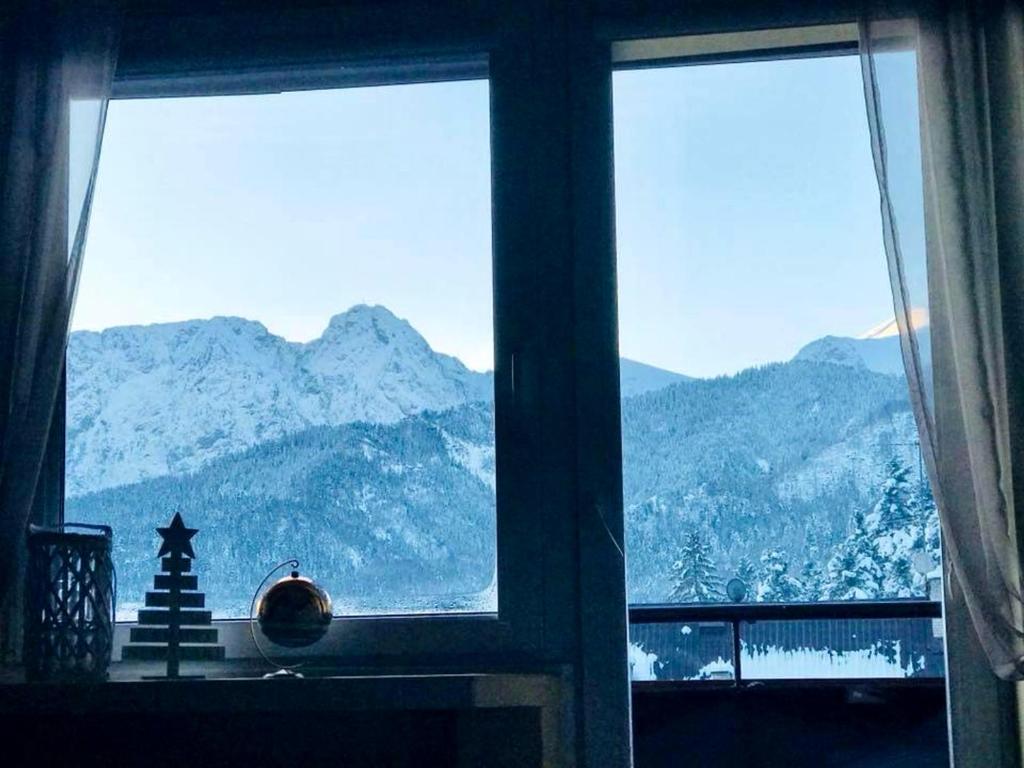 une fenêtre avec vue sur une montagne enneigée dans l'établissement Apartament Rodzinny, à Kościelisko