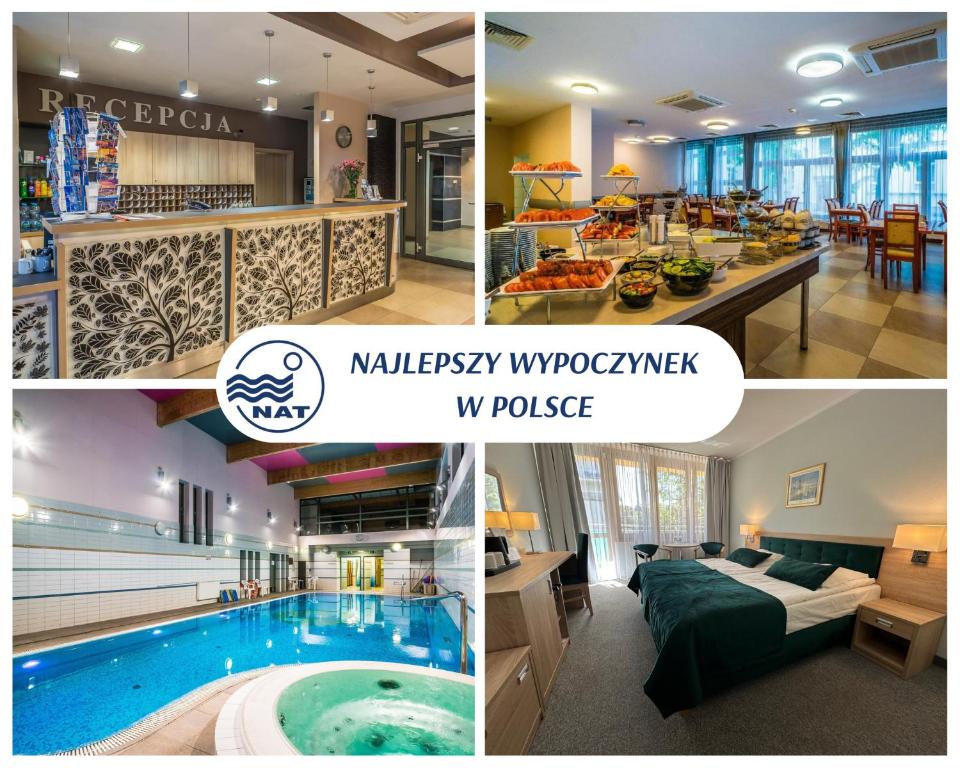 eine Collage mit Bildern eines Hotels mit Pool in der Unterkunft Hotel ***NAT Świnoujście in Świnoujście