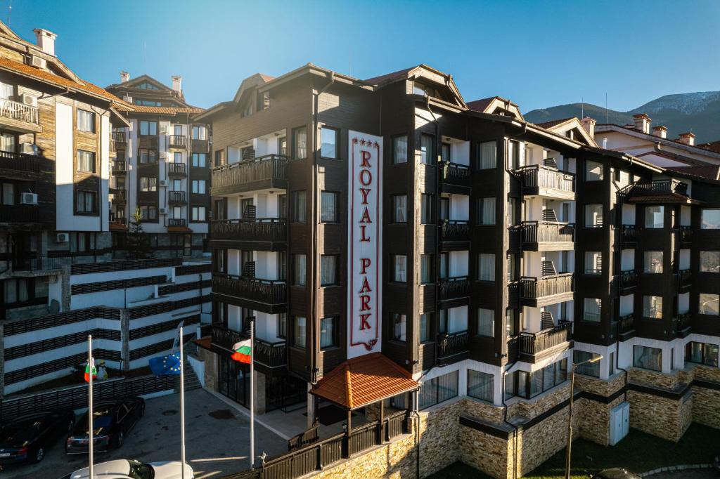 an aerial view of a building with a hotel sign at Royal Park Hotel & Apartments in Bansko