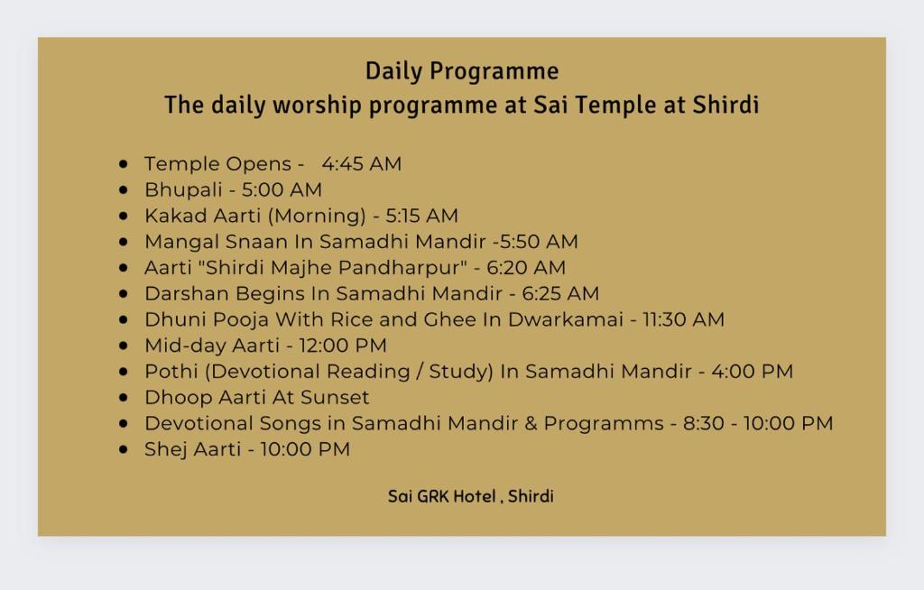 eine Liste der bezahlten Dokumente für das tägliche Workshop-Programm in sechs Tempeln am sh in der Unterkunft GRK Hotel - Near Shri Saibaba Temple in Shirdi