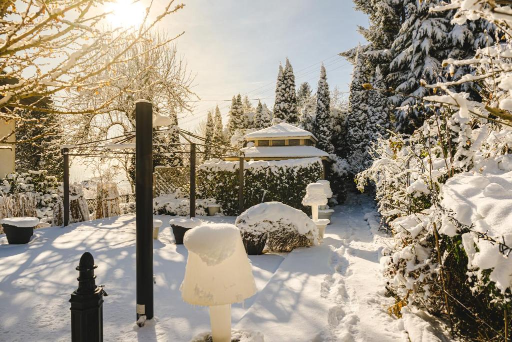 ボーデンスドルフにあるWaldvilla BERGSEEの猫像で雪に覆われた庭