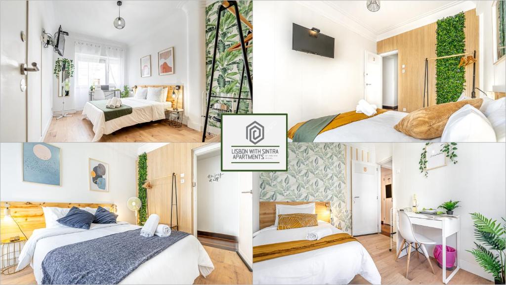 a collage of four pictures of a hotel room at Santos Mattos Guesthouse & Apartments by Lisbon with Sintra in Amadora