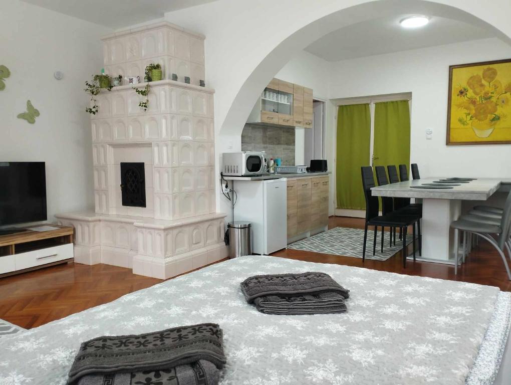 a large living room with a table and a kitchen at Viola Apartmanház in Bogács