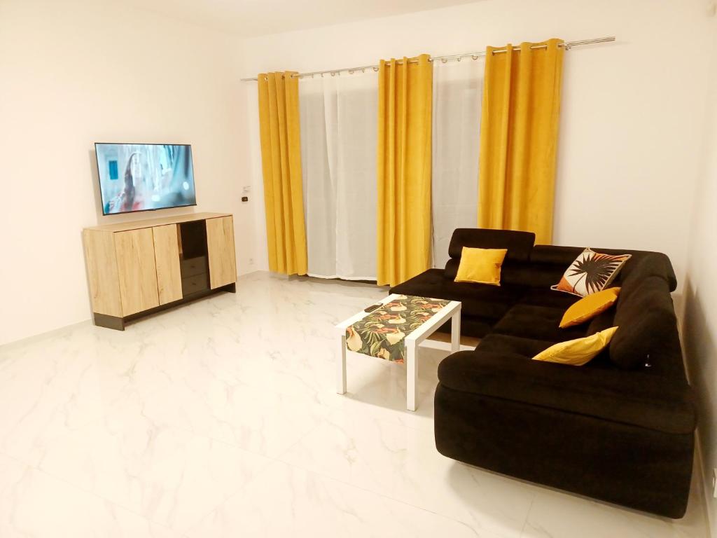 ein Wohnzimmer mit einem schwarzen Sofa und einem TV in der Unterkunft AJP Exclusive House Szczecin in Stettin