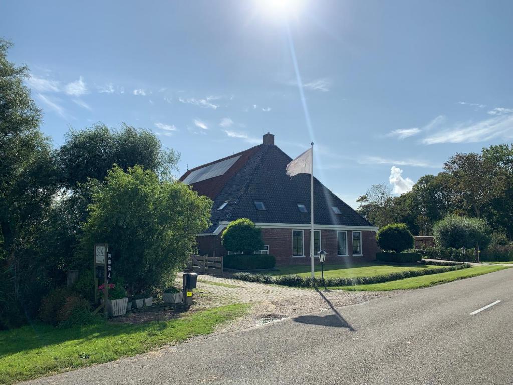 een huis met een vlag aan de kant van de weg bij Bed and Breakfast de Salix in Hitzum