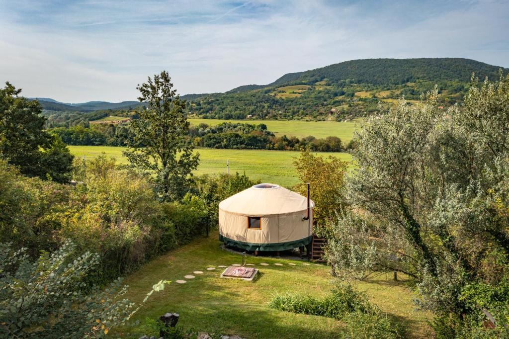 an aerial view of a yurt in a field at Kadosa Jurta Apartman in Esztergom