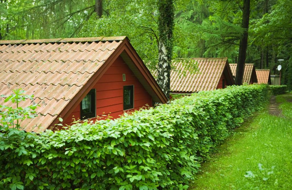 uma pequena casa vermelha no meio de uma cerca em Waldidylle - Bungalows an der Talsperre Kriebstein em Kriebstein