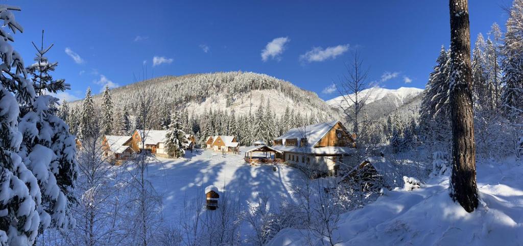 un villaggio innevato con una montagna sullo sfondo di Chaty a horský hotel Kožiar a Žiar