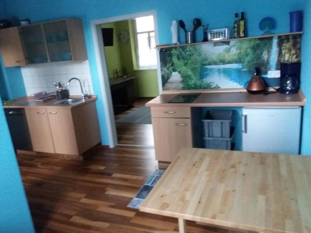 a kitchen with a wooden table in a room at Allsaitig Klang- und Seminarzentrum Selb in Selb