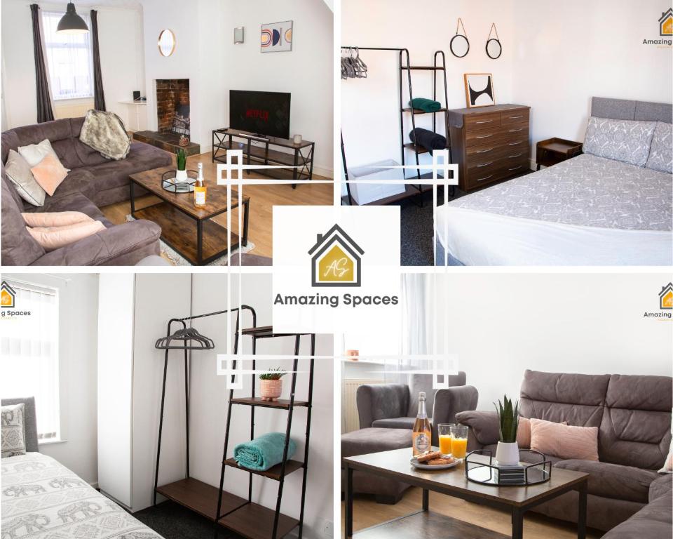 een collage van foto's van een slaapkamer en geweldige ruimtes bij Spacious 3 bed Terrace House with free parking & free Wi-Fi by Amazing Spaces Relocations Ltd in Saint Helens