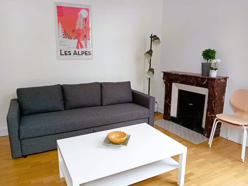 ein Wohnzimmer mit einem Sofa und einem Tisch in der Unterkunft 102 - Appart rénové avec grand salon et 1 chambre - Tram et Clinique Mutualiste à 1 min in Grenoble