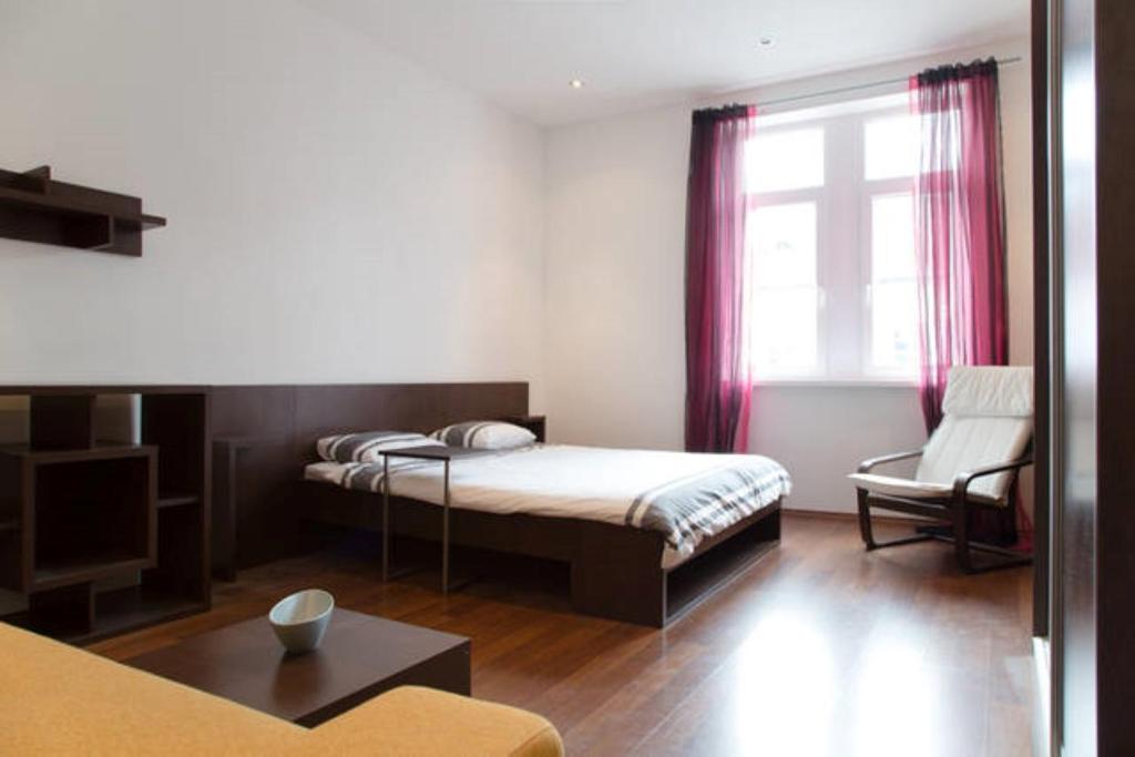 una camera con un letto e una sedia e una finestra di Romantic Central Flat a Bratislava