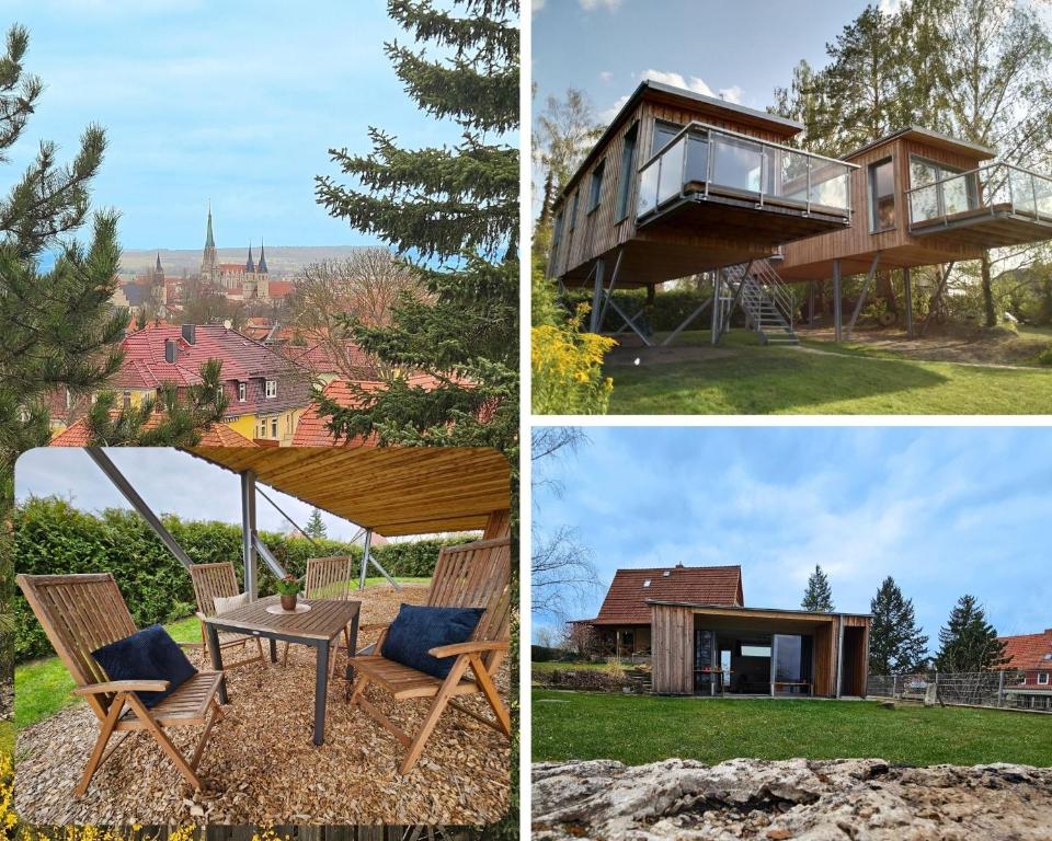 a collage of three pictures with a house at Baumhaus und Tinyhaus in Mühlhausen