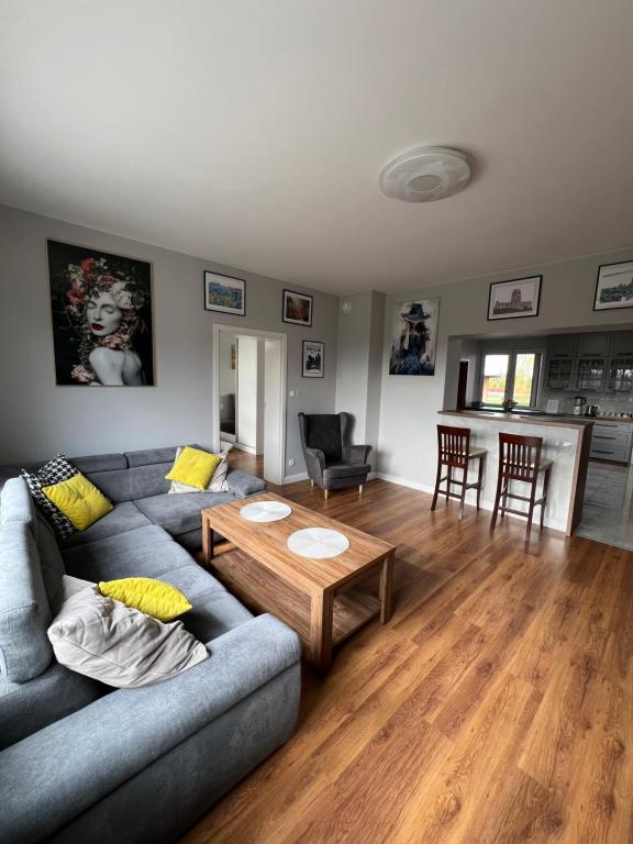 a living room with a couch and a table at Apartament nr 1 Chorzelów in Mielec