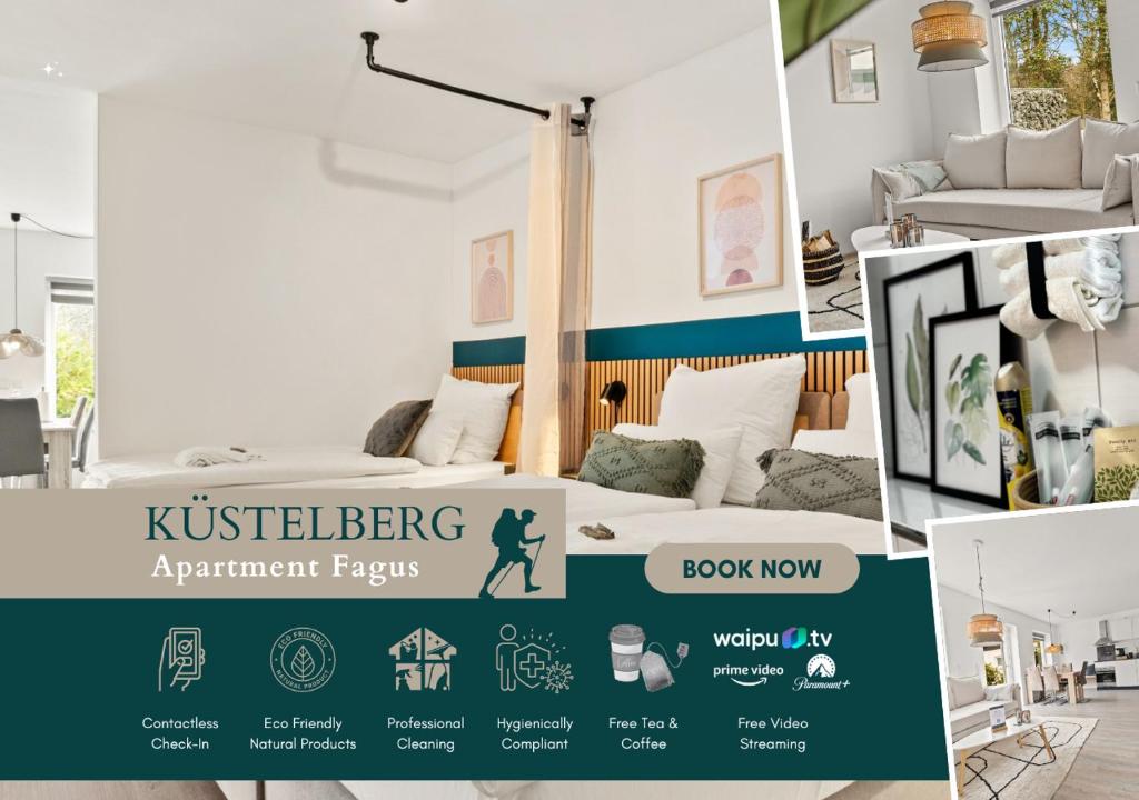 een collage van foto's van een slaapkamer met een bed bij Greenhouse Living Apartment Fagus mit Terrasse und Feuerstelle - 7 Minuten nach Winterberg - 4 Minuten zur Ruhrquelle in Medebach