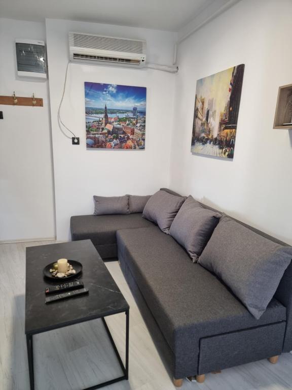 uma sala de estar com um sofá e uma mesa em Bgd Downtown Hostel em Belgrado