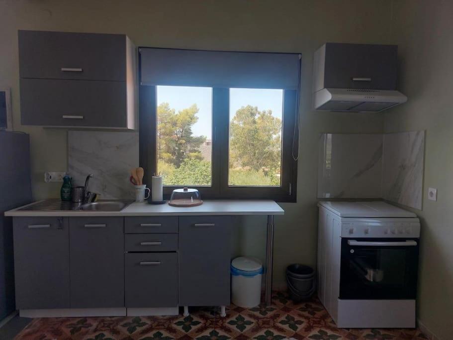 a kitchen with a sink and a window at ΛΕΥΚΙΑΣ. in Pirgos Dhirou