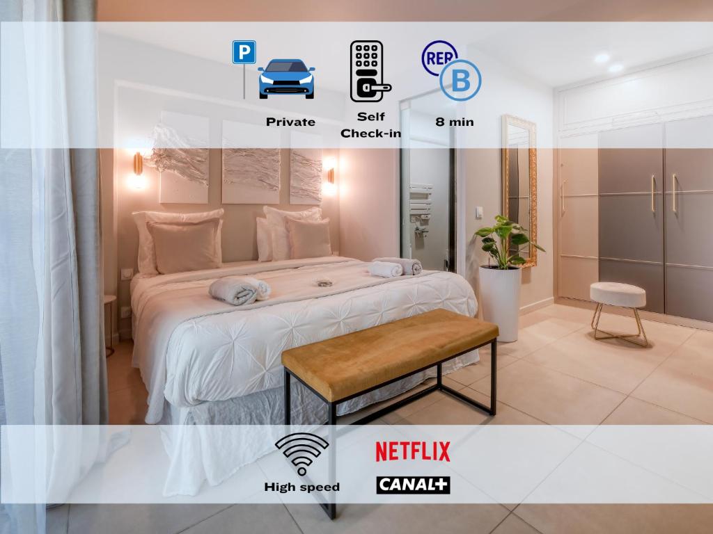 Una cama o camas en una habitación de La Parisienne - Spacieux studio avec parking privé