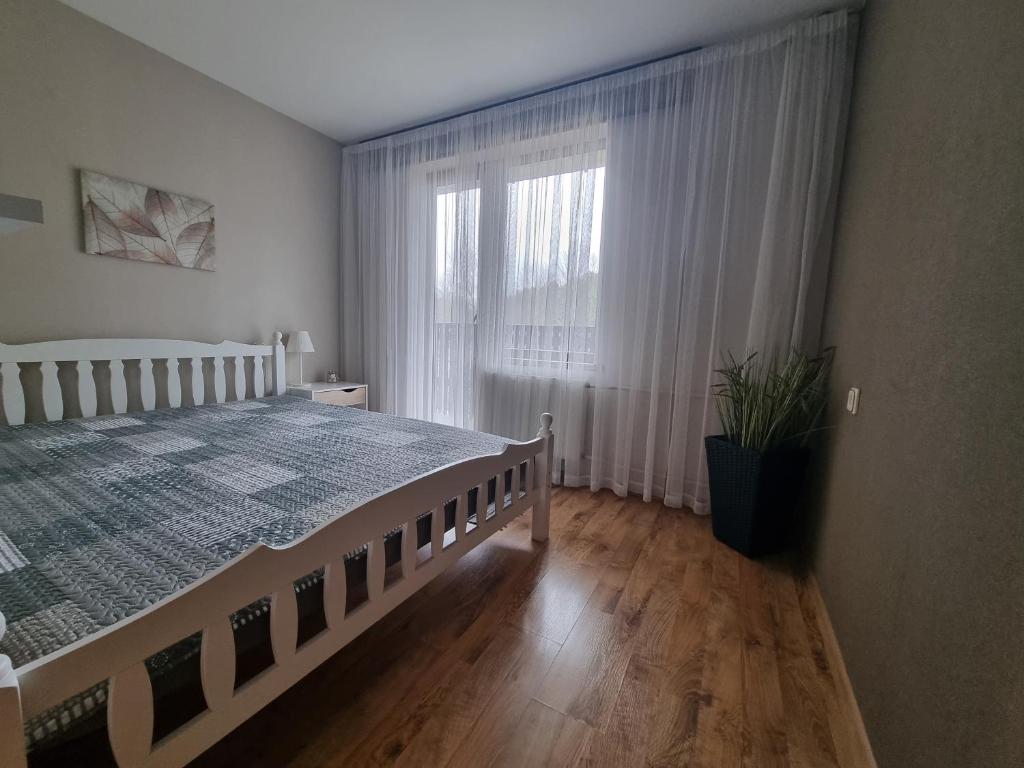 Un dormitorio con una cama grande y una ventana en Apartment Kurši, en Kolka