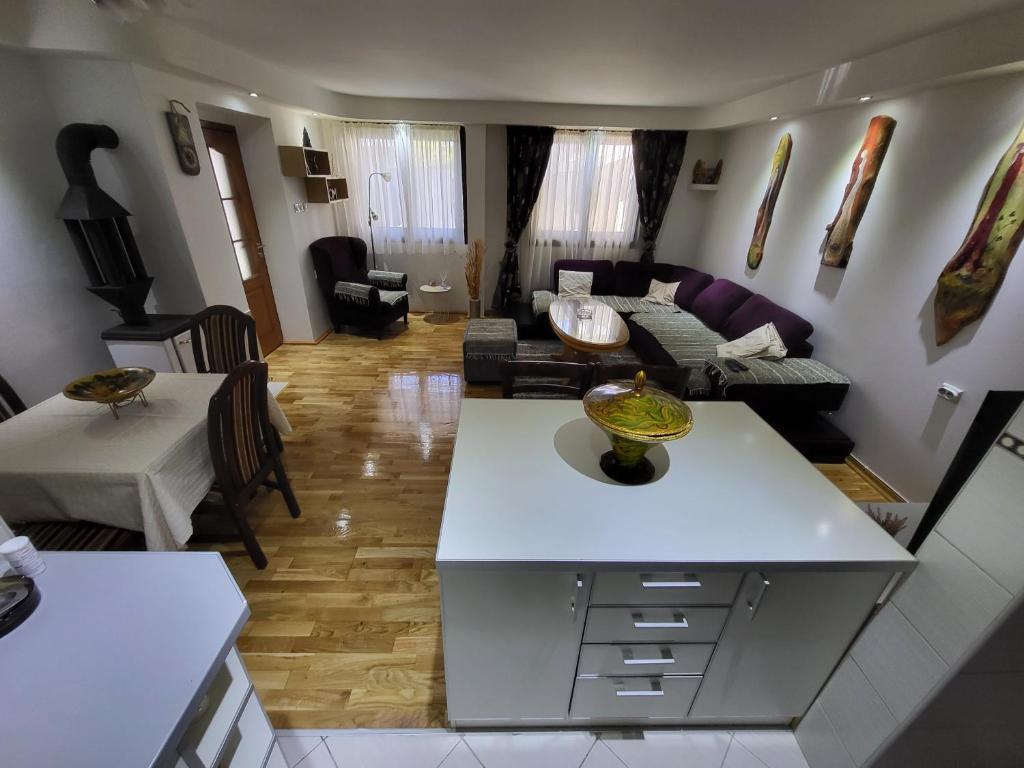 - un salon avec un canapé et une table dans l'établissement Apartments center Zorić, à Žabljak