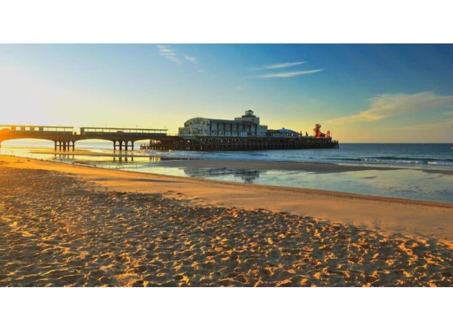 uma praia com um cais e o oceano em Bournemouth Beach Apartment em Bournemouth